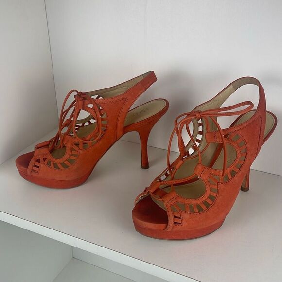 Vera Wang Lace Up Slingback Platform Heeled Sandals 7 - Picture 1 of 15